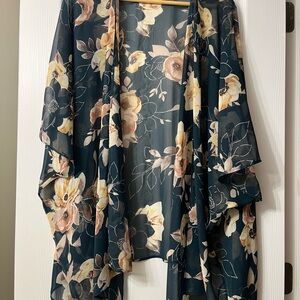 Emerald Floral Kimono with Cream and Tan Accents